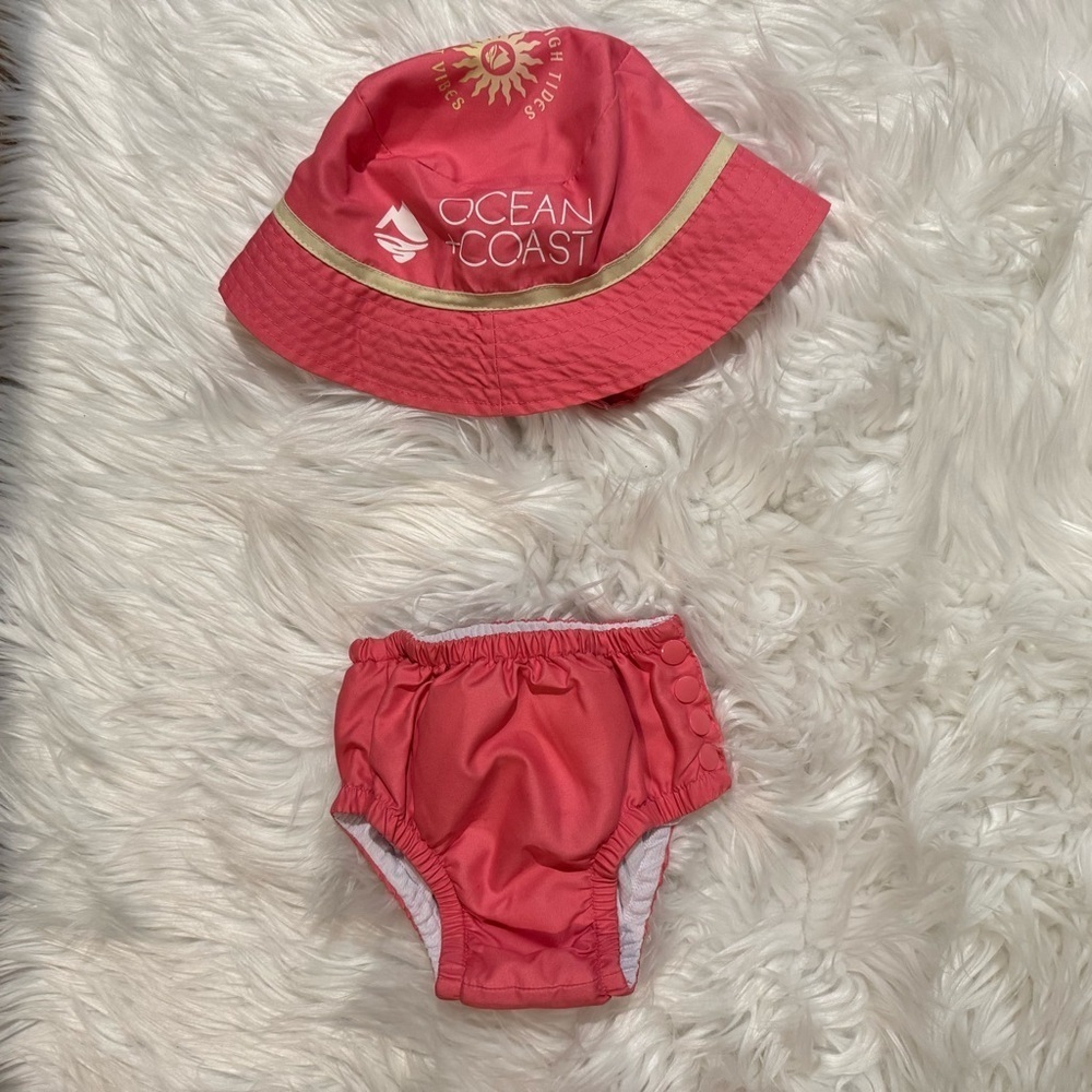 Ocean + Coast Baby Girls Pink Swim Diaper & Sun Hat Set Sunset Beach One Size